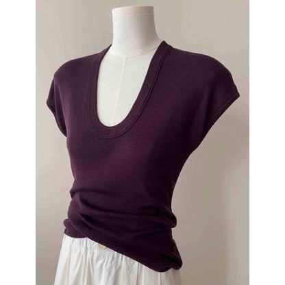 Slim Scoop Knit Cap-Sleeve Neck Plain Top Fit