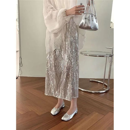 Sheer Sequin Midi Rise Long-Sleeve Cami Top Plain Tie / H-Line Front Skirt High V-Neck Set Blouse