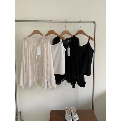 Sheer Blouse Cami Top Rise Skirt Plain Tie High V-Neck / Sequin Front Midi Set H-Line Long-Sleeve