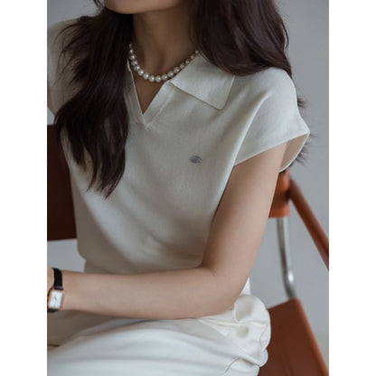 V-Neck Cap-Sleeve Top Crop Collared Knit Plain