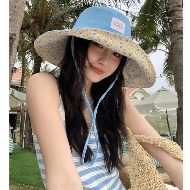 Print Applique Heart Floral Sun Hat