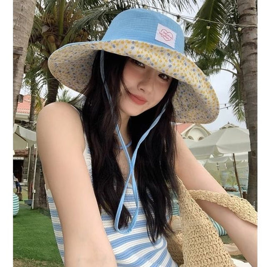 Print Applique Heart Floral Sun Hat