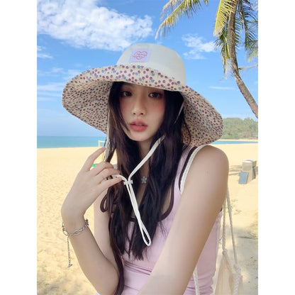 Print Applique Heart Floral Sun Hat