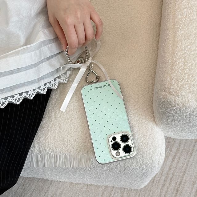 Dotted iPhone Case / Bow Heart Metal Bead Phone Strap / Set