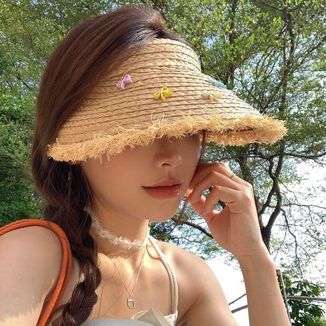 Sun Hat Straw Fringed Bow