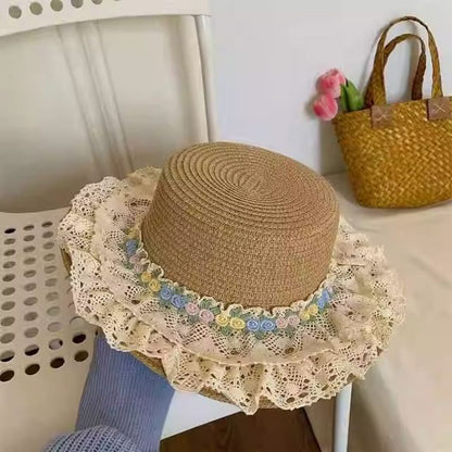 Straw Lace Floral Trim Hat
