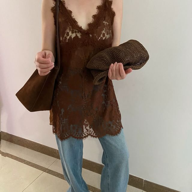 Plain Cami V-Neck Top Strap Spaghetti Lace