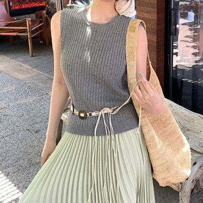 Ribbed Neck Plain Top Knit Sleeveless Crew