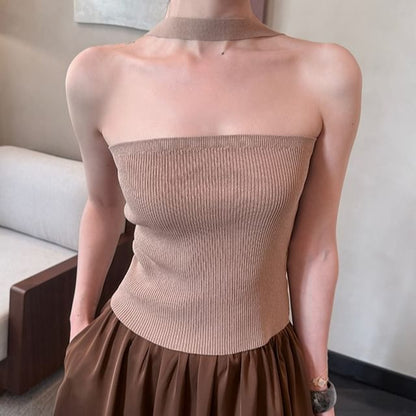 Plain Halter Ribbed Knit Top Neck
