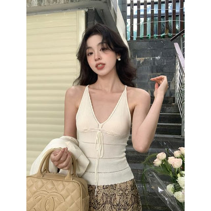 Neck Strap Plain Spaghetti V-Neck Top Camisole Tie