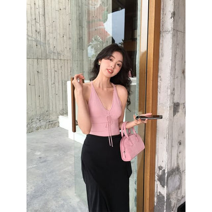 V-Neck Camisole Plain Neck Tie Top Spaghetti Strap