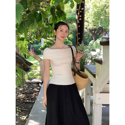 Plain Short-Sleeve Top Shoulder Knit Off Ribbed