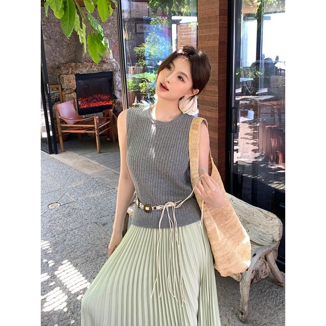 Ribbed Neck Plain Top Knit Sleeveless Crew