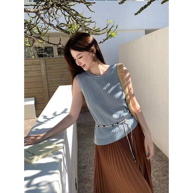 Ribbed Neck Plain Top Knit Sleeveless Crew