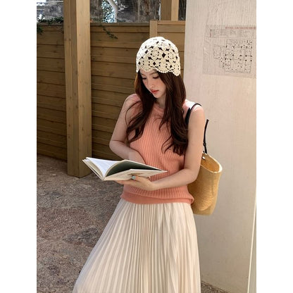 Knit Sleeveless Crew Top Plain Ribbed Neck