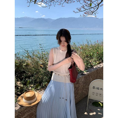 Crew Top Knit Sleeveless Plain Neck Ribbed