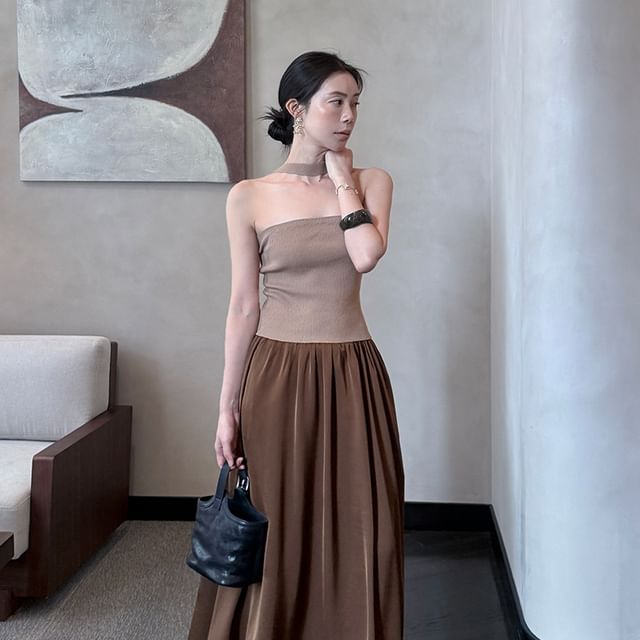 Ribbed Neck Plain Top Knit Halter