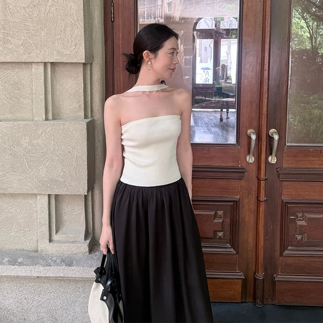 Ribbed Neck Plain Top Knit Halter