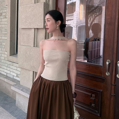 Ribbed Neck Plain Top Knit Halter