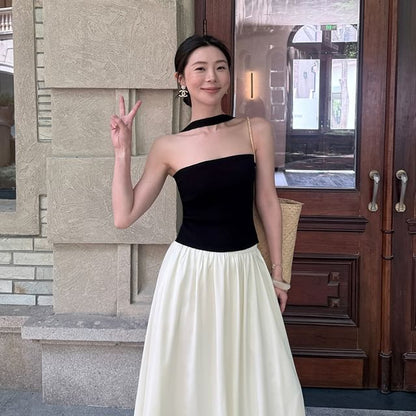 Ribbed Neck Plain Top Knit Halter