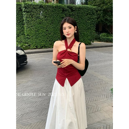 Plain Neck Camisole Crop Top Slit Halter