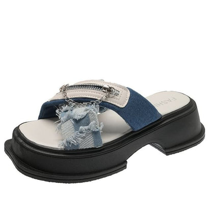 Detail Chain Cross Slide Zipped Sandals Strap Platform Heel Chunky