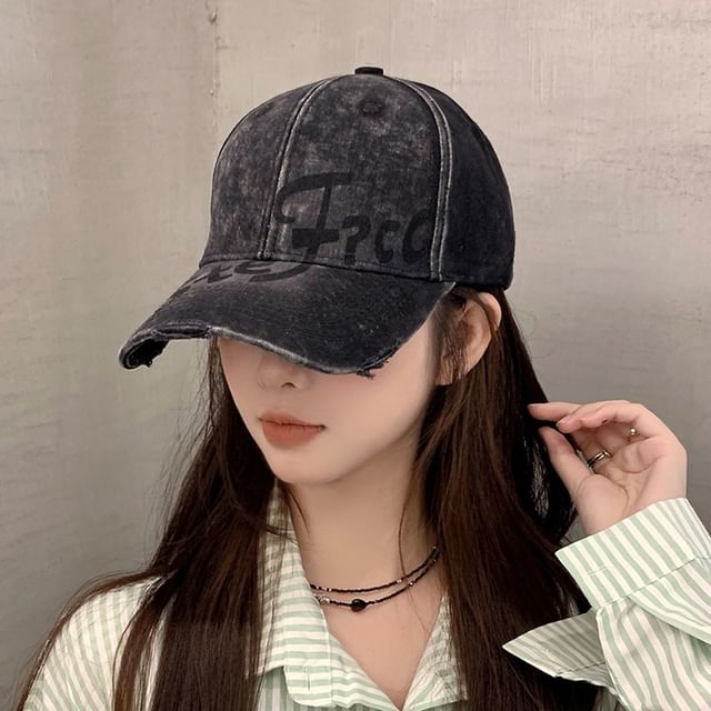 Lettering Washed Baseball Print Cap Distressed