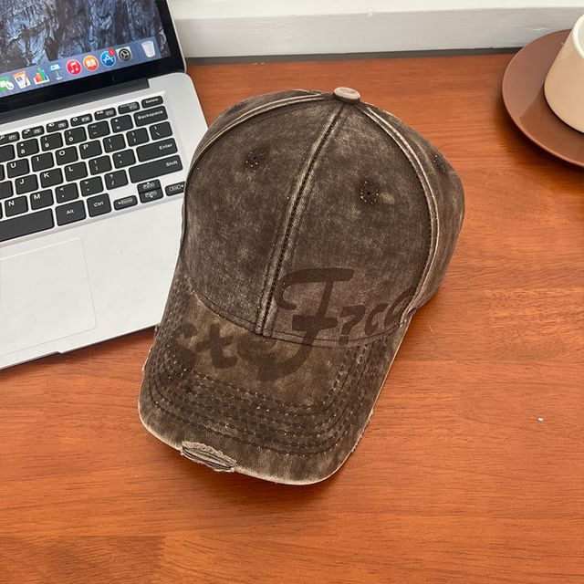 Lettering Washed Baseball Print Cap Distressed