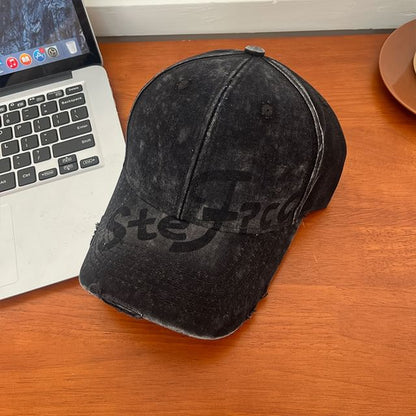 Lettering Washed Baseball Print Cap Distressed