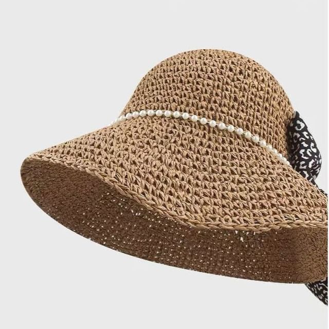 Bucket Straw Pearl Bow Hat Faux