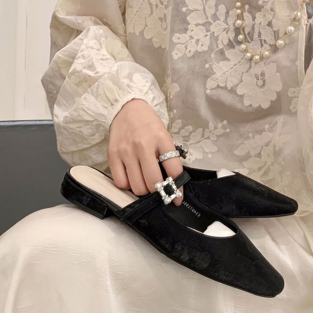 Chunky Mules Heel Toe Square Rhinestone