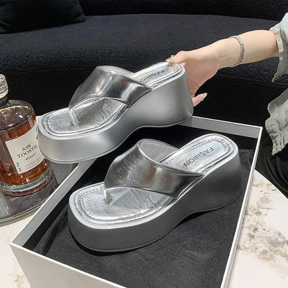 Platform Flip-Flops Wedge Plain Leather Faux