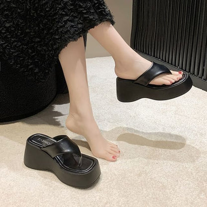 Platform Flip-Flops Wedge Plain Leather Faux