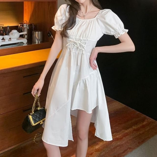 Neck Asymmetrical A-Line Short-Sleeve Dress Plain Square