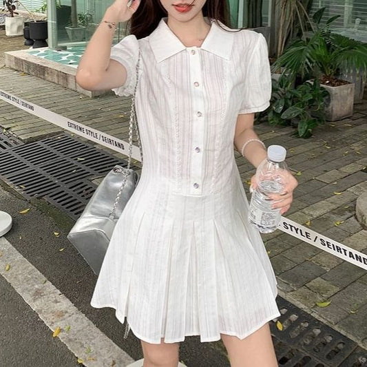 Short-Sleeve Mini Plain Dress Pleated Shirt
