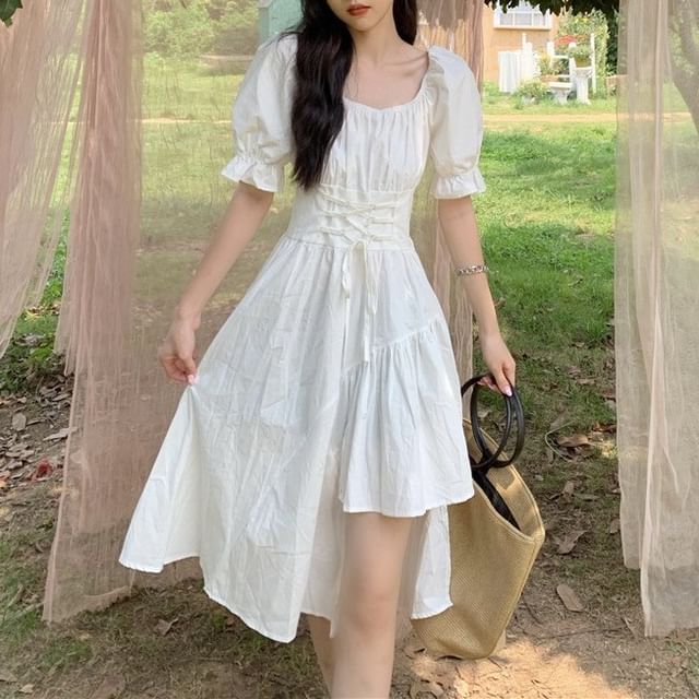 Neck Asymmetrical A-Line Short-Sleeve Dress Plain Square