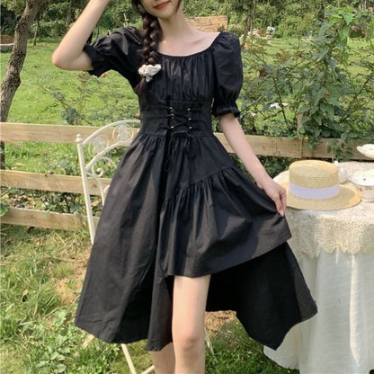 Neck Asymmetrical A-Line Short-Sleeve Dress Plain Square