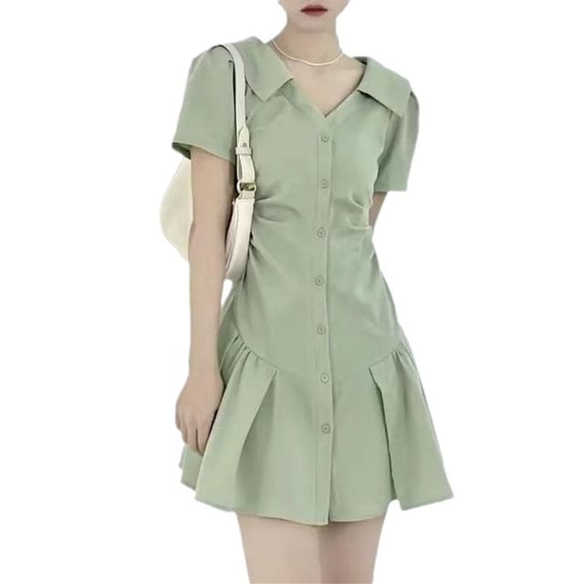 Button-Up Short-Sleeve V-Neck A-Line Dress Mini Plain