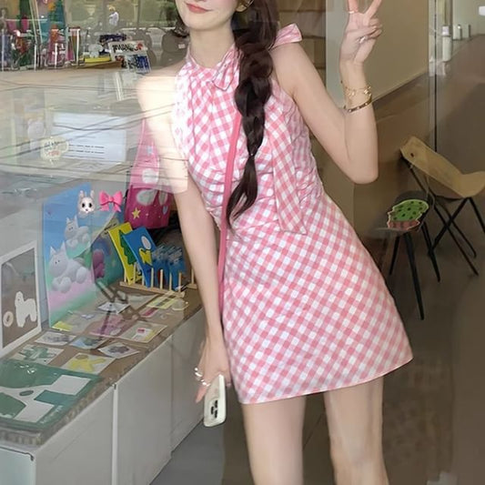 Sleeveless Dress Plaid Mini A-Line
