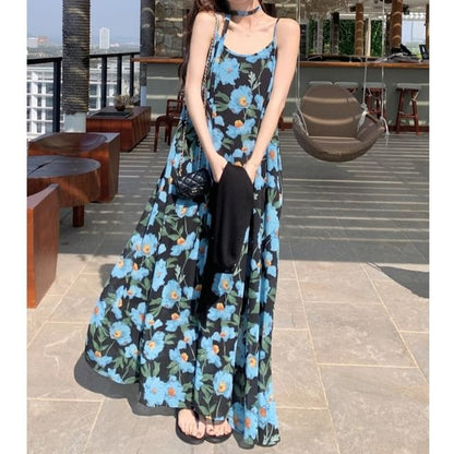 Print Scoop Strap Spaghetti Neck Floral Maxi A-Line Dress