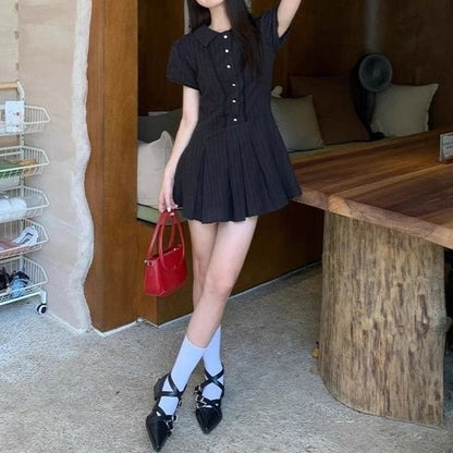 Short-Sleeve Mini Plain Dress Pleated Shirt