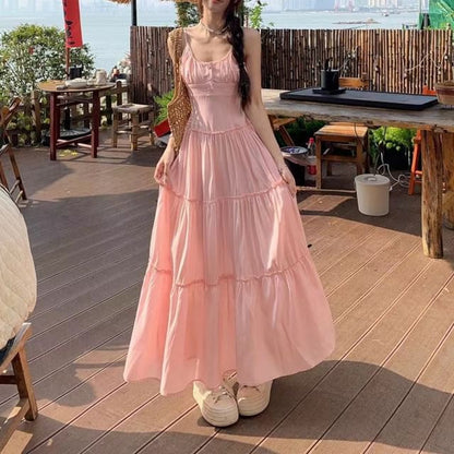 Plain A-Line Strap Maxi Neck Spaghetti Dress Scoop