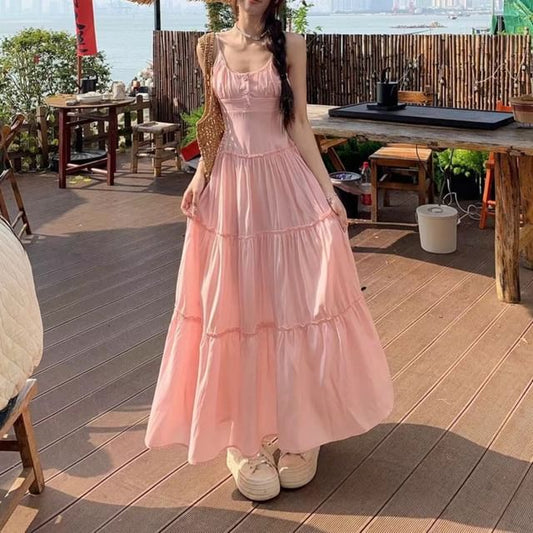 Plain A-Line Strap Maxi Neck Spaghetti Dress Scoop