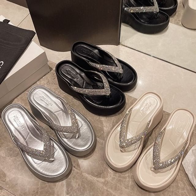 Heel Platform Rhinestone Flip-Flops Wedge