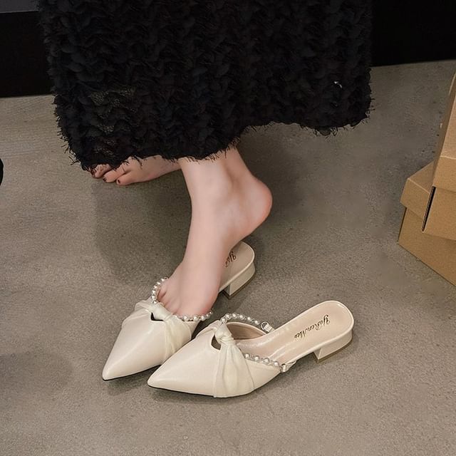 Heel Faux Pearl Chunky Knot Pointed Mules Toe
