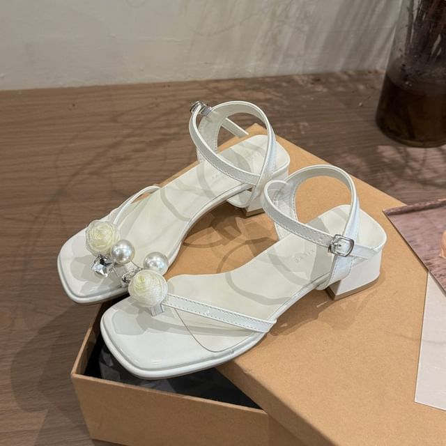 Block Faux Flower Heel Sandals Pearl