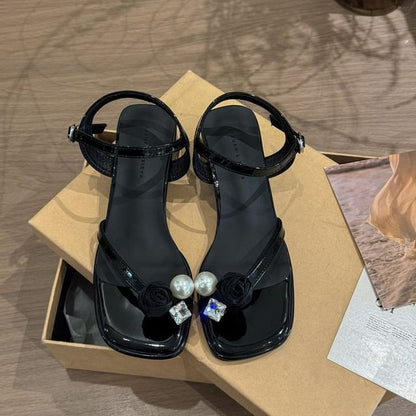 Block Faux Flower Heel Sandals Pearl