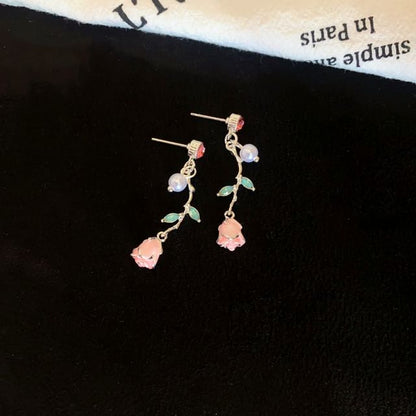 Drop Faux Earring Pearl CZ Flower