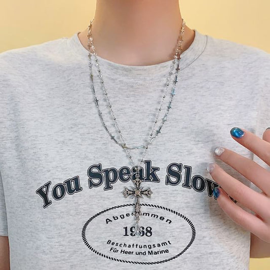 Bead Layered CZ Necklace Cross Pendant