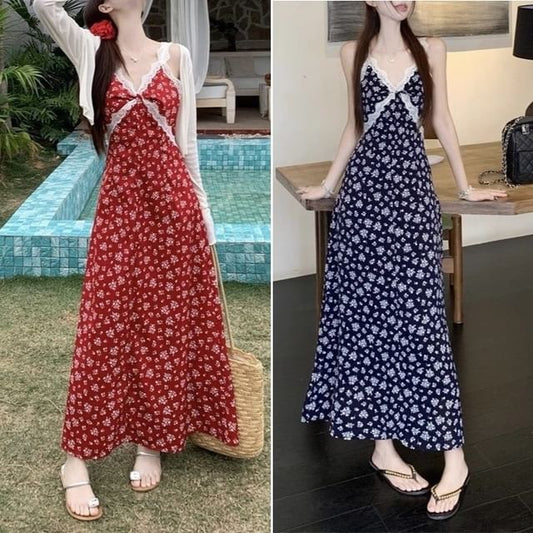A-Line Dress Maxi / V-Neck Sleeveless Cardigan Print Floral